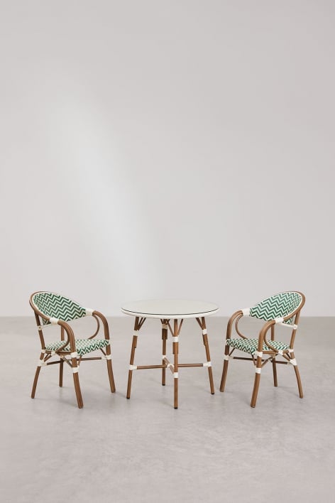 Zestaw okrągłego stołu Brielle Bistro o średnicy 80 cm i dwa sztaplowane krzesła z podłokietnikami z aluminium. - Green - Gardenia Biel