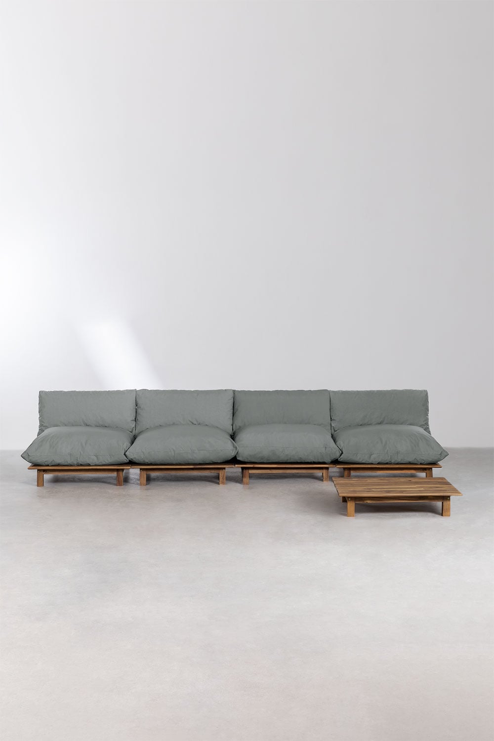 Zestaw do salonu składający się z 4-częściowej rozkładanej sofy modułowej i stolika kawowego z drewna akacjowego Brina, obrazek w galerii 3