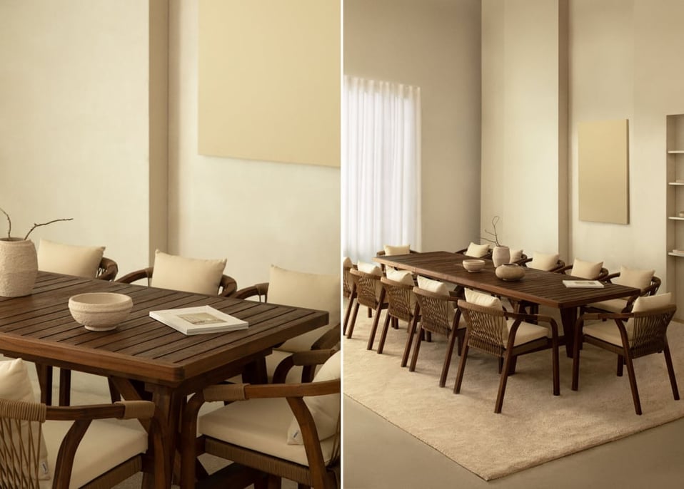 Rozkładany zestaw prostokątny stół 200-260-320x100 cm i 12 krzeseł do jadalni z podłokietnikami z drewna akacjowego Dubai