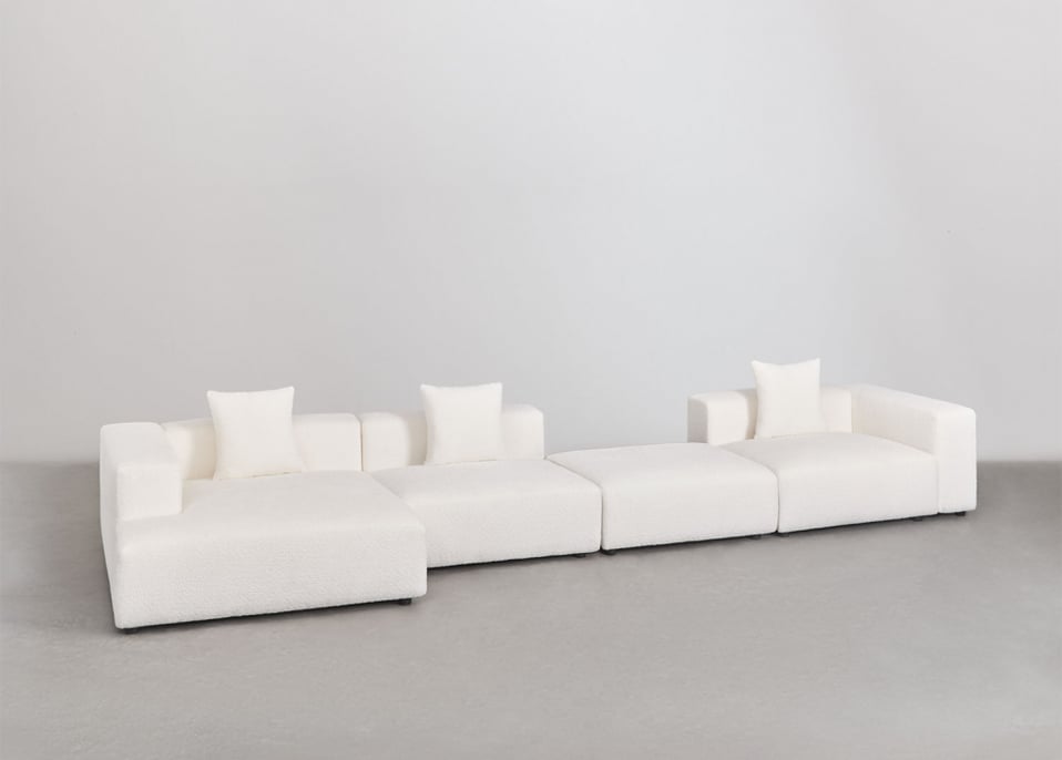 Sofa modułowa z leżanką po lewej stronie, 3-częściowa z wysokim podłokietnikiem i pufą (↔︎480 cm) Bruna - Bouclé White