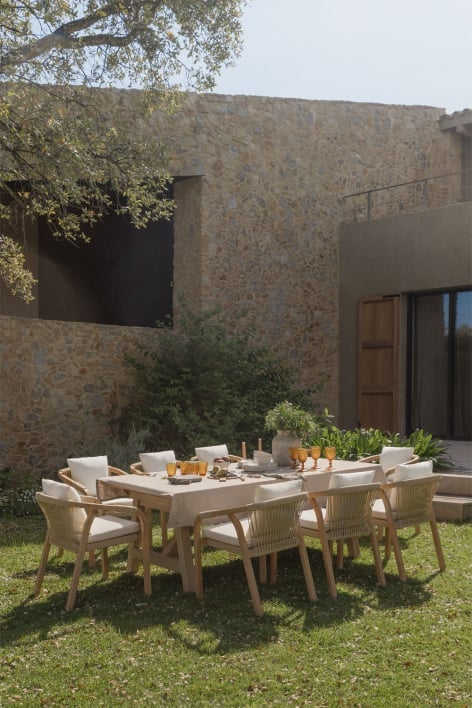 Zestaw rozkładanego stołu prostokątnego 200-260-320x100 cm i 8 krzeseł ogrodowych z podłokietnikami z drewna akacjowego Dubai