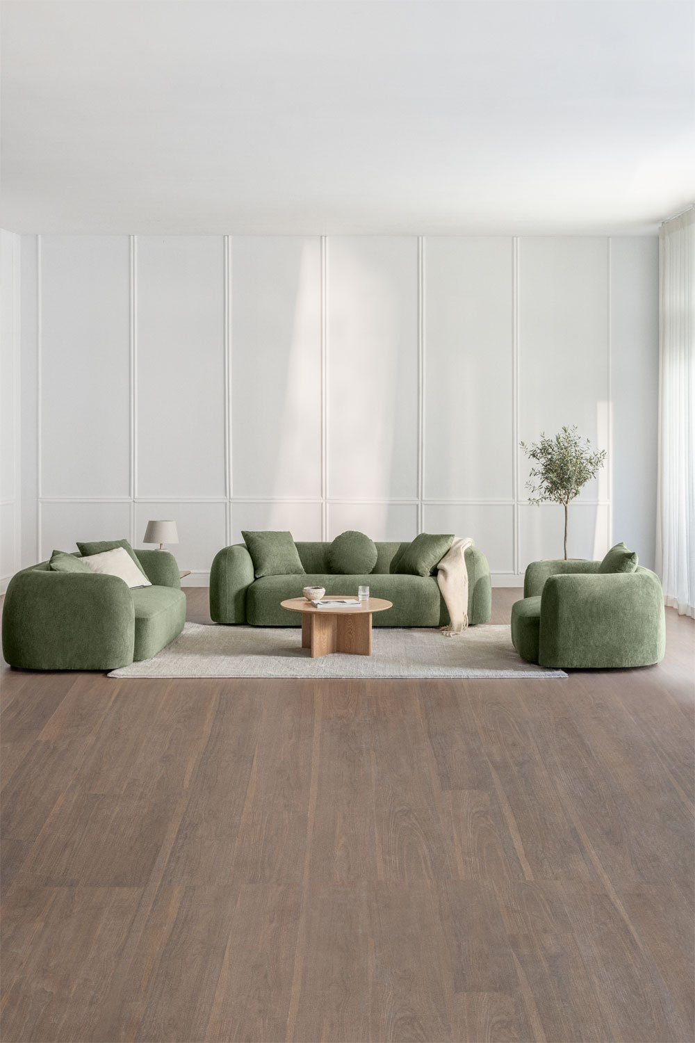 Zestaw salonowy z modułową sofą 3-osobową, sofą 2-osobową i fotelem z tkaniny Coco chenille, obrazek w galerii 1