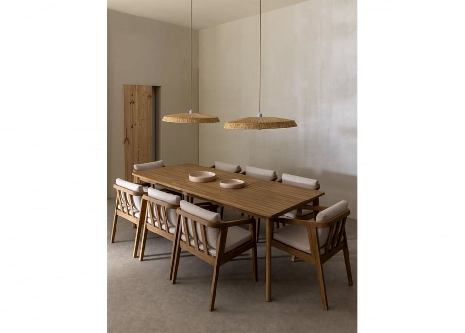 Zestaw stołu prostokątnego 220x100 cm i 8 krzeseł do jadalni z drewna akacjowego Kaela