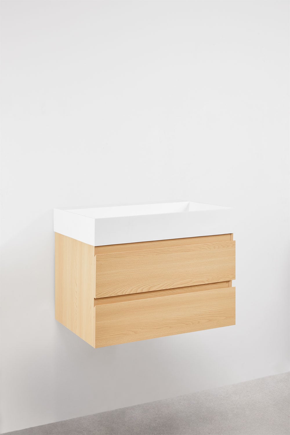 Zestaw wiszących mebli łazienkowych z drewna i forniru jesionowego zintegrowany z umywalką Ona, obrazek w galerii 3