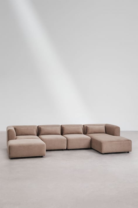 Sofa modułowa Fogler 4-częściowa z leżanką i pufem - Sztruksu Camel