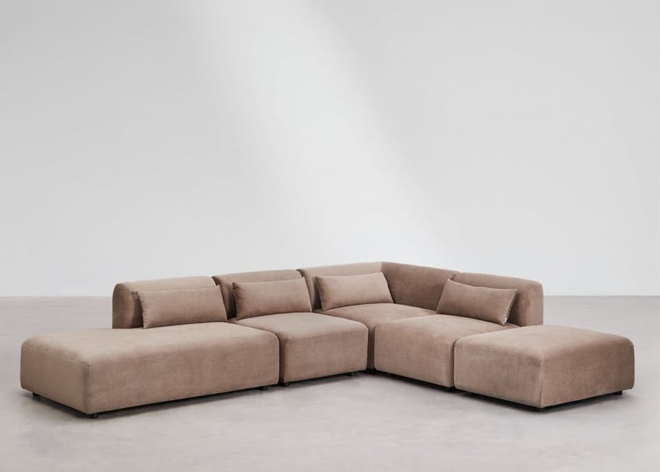 4-częściowa modułowa sofa narożna z szezlongiem Fogler i pufą - Sztruksu Camel