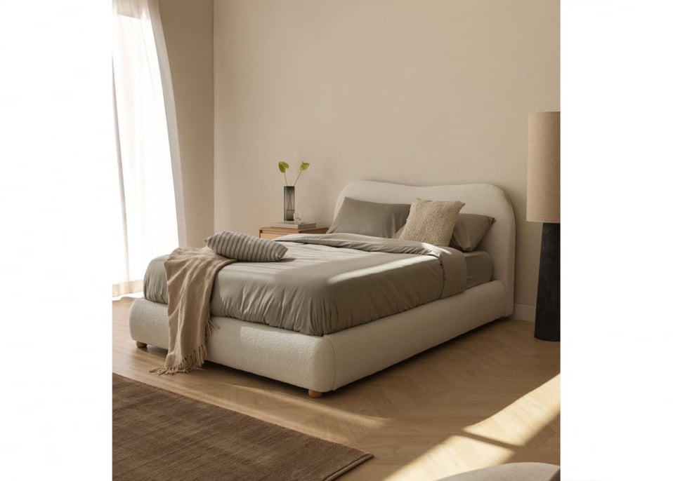 Łóżko z pojemnikiem do materaca 180x200cm tkanina bouclé Winselet - Chenille Kość słoniowa