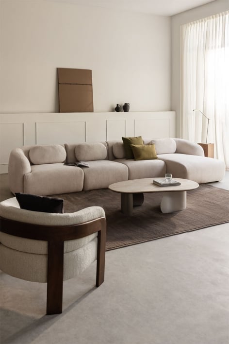 Sofa modułowy z prawym szezlongiem, 4-częściowy, z tkaniny chenilla Coquette - Kremowo-Beżowy Szenil