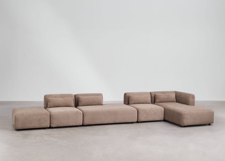 4-częściowa modułowa sofa narożna prawa z szezlongiem i pufem Fogler - Sztruksu Camel