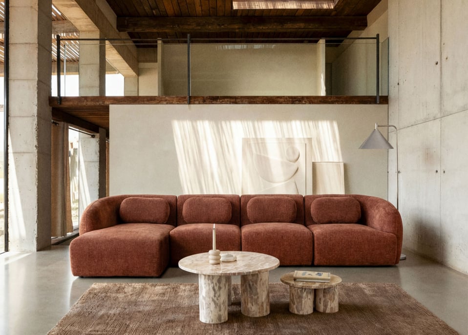 Sofa modułowy z lewym szezlongiem, 4-częściowy, z tkaniny chenilla Coquette - Rdzawobrązowy Chenille