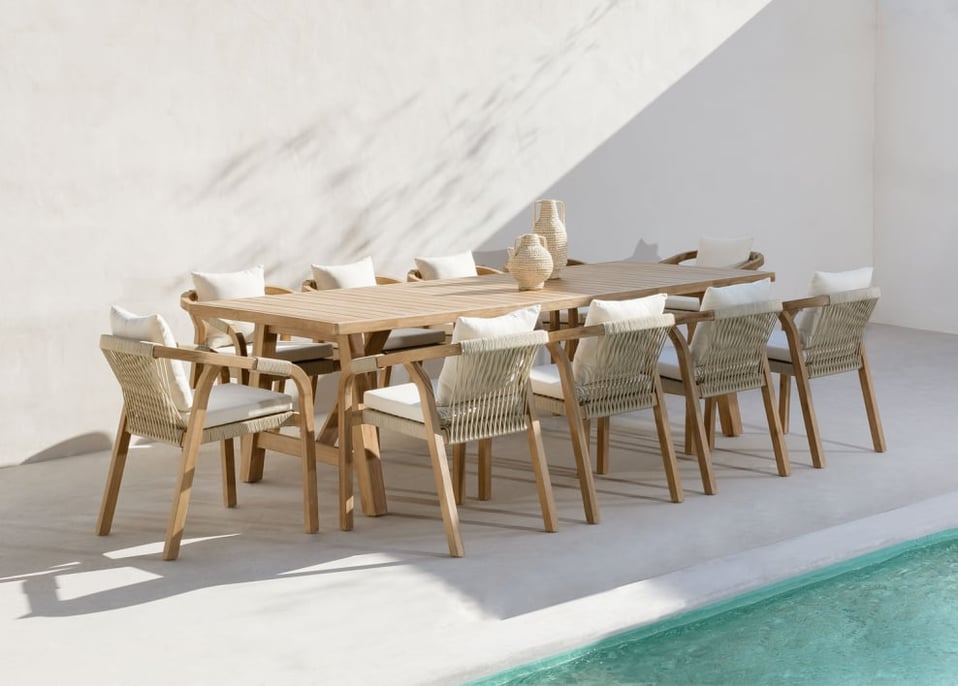 Zestaw stołu prostokątnego 260x100 cm i 10 krzeseł ogrodowych z drewna akacjowego Dubai