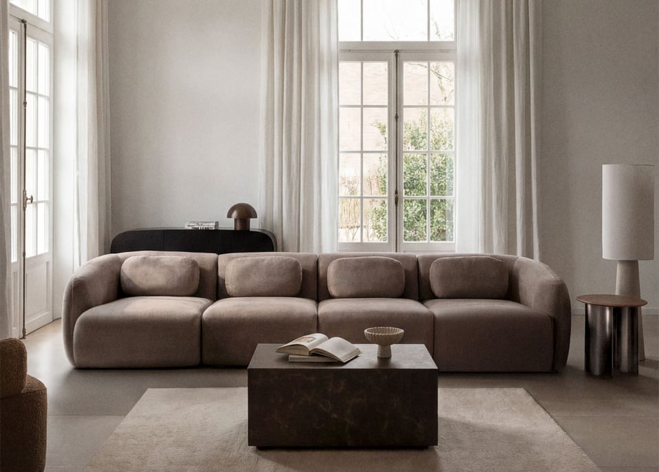 4-częściowa modułowa sofa z tkaniny chenille Coquette - Brązowa Szenila Pszeniczna