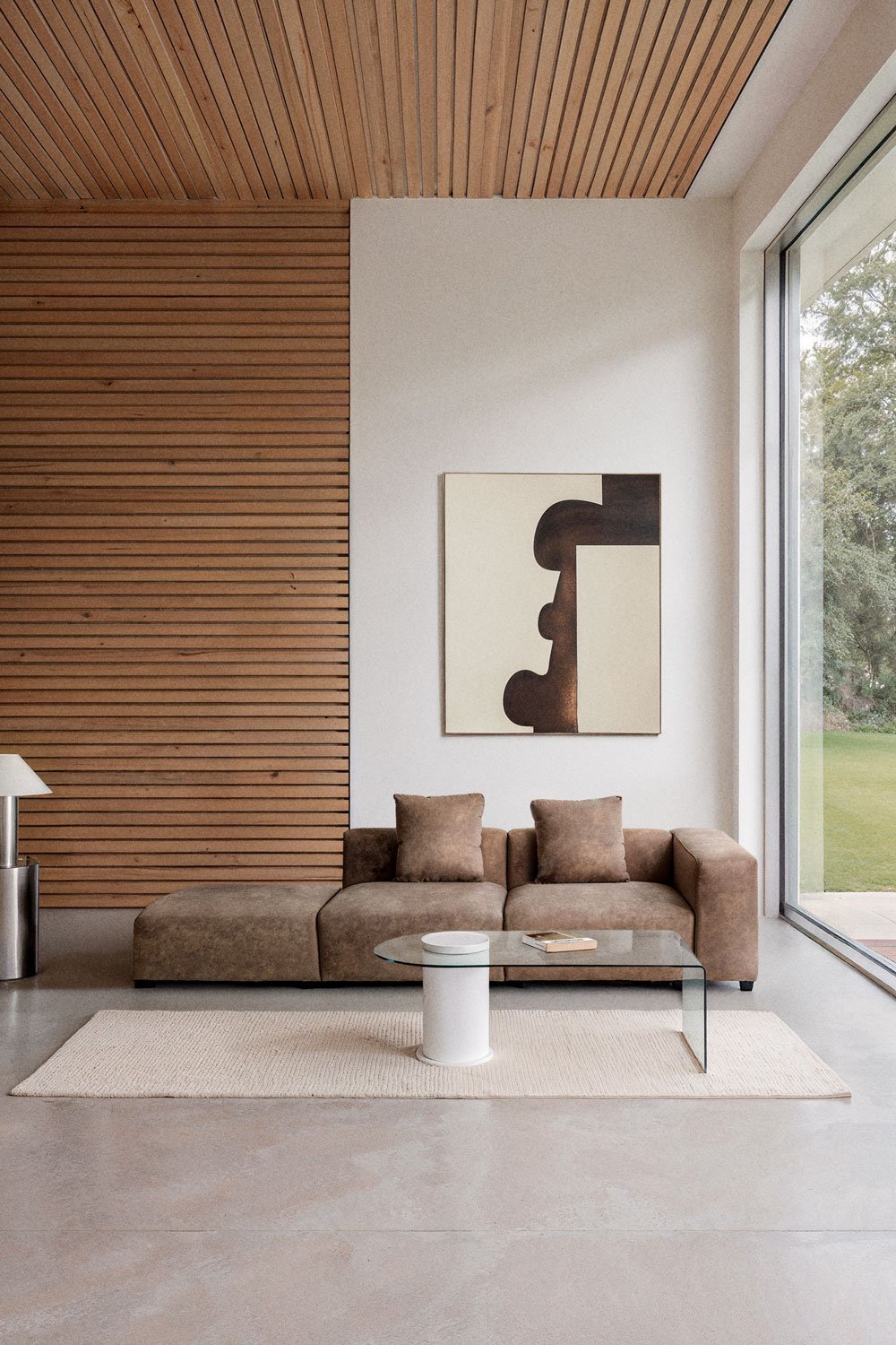 Modułowa sofa narożna prawostronna z 2 części z wysokim podłokietnikiem i pufą ↔︎285 cm Bruna, obrazek w galerii 12