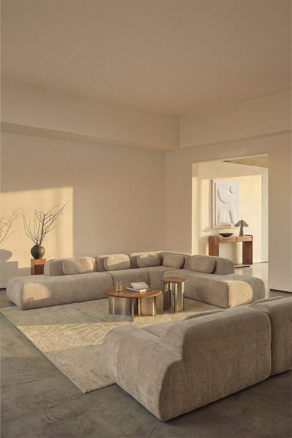 Sofa modułowy narożny 4-częściowy z podwójnym szezlongiem z tkaniny chenilla, pakowany próżniowo Merida, obrazek w galerii 1