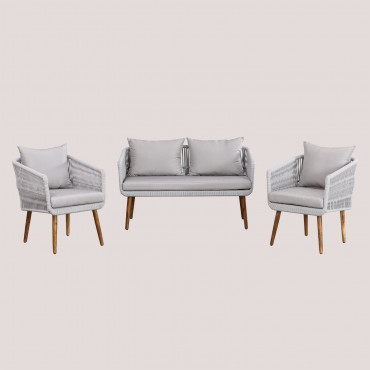 Conjunto De Jardim Com Sofá De 2 Lugares E 2 Poltronas Em Madeira De Acácia E Corda Trançada Barker Cinza - Sklum