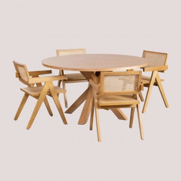Conjunto De Mesa De Jantar Redonda Ø140 Cm Em Mdf Pleven E 4 Cadeiras Com Apoios De Braços Em Madeira De Freixo E Rattan Lali Madeira Natural - Sklum