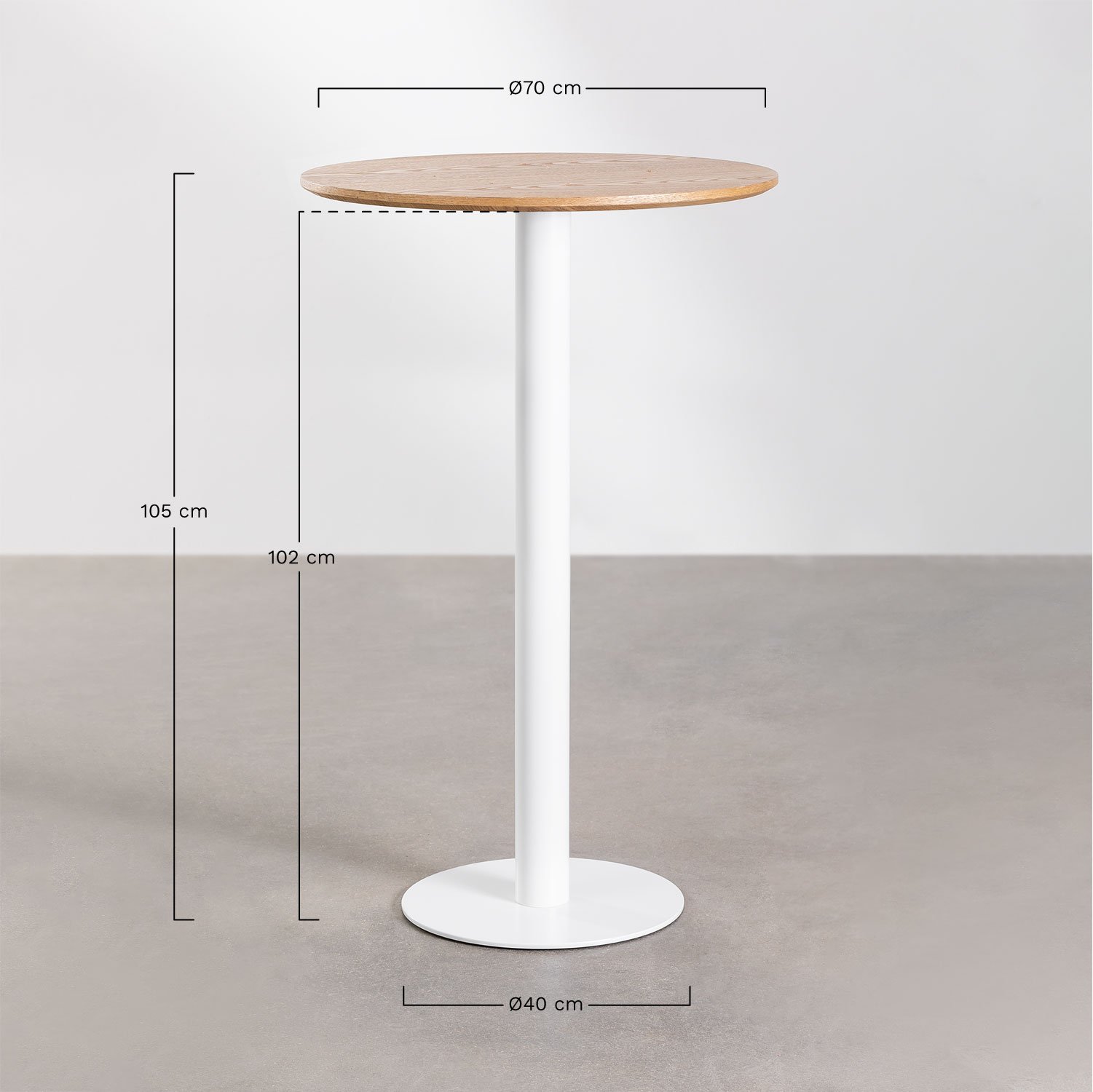 Mesa de bar alta redonda em Frappe Ash folheado, Dimensões