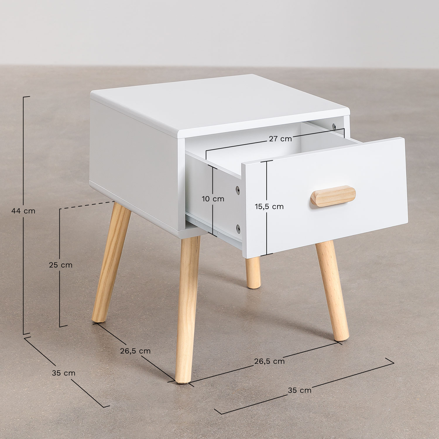 Mesa de cabeceira em MDF e madeira de pinho Tom Kids, Dimensões