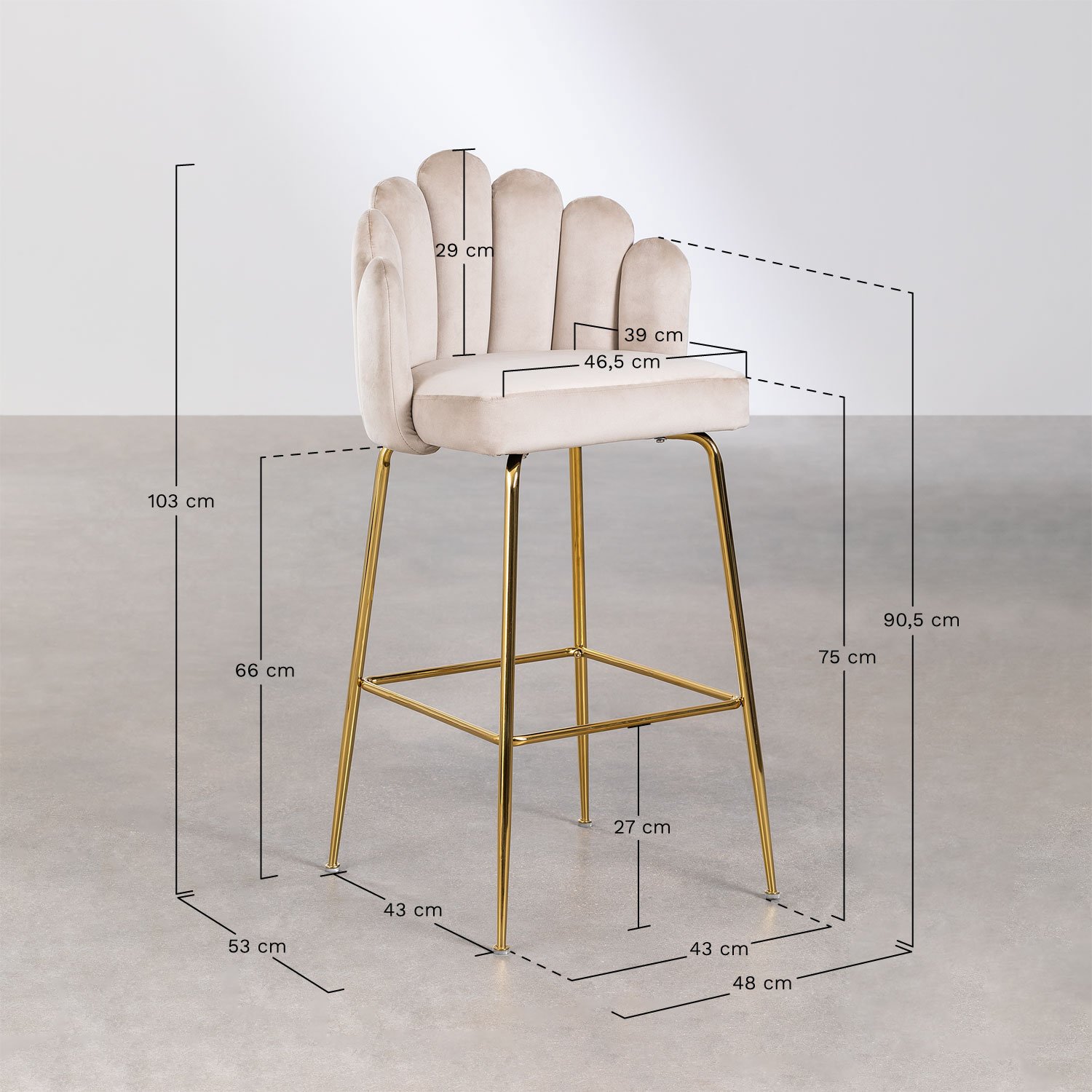 Banqueta alta de veludo Markina, Dimensões