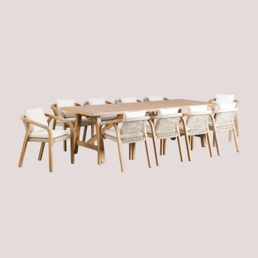 Conjunto De Mesa Retangular 260x100 Cm E 10 Cadeiras De Jardim Em Madeira De Acácia Dubai Castanho Acácia Rústico & Tecido Gardénia Branco - Sklum