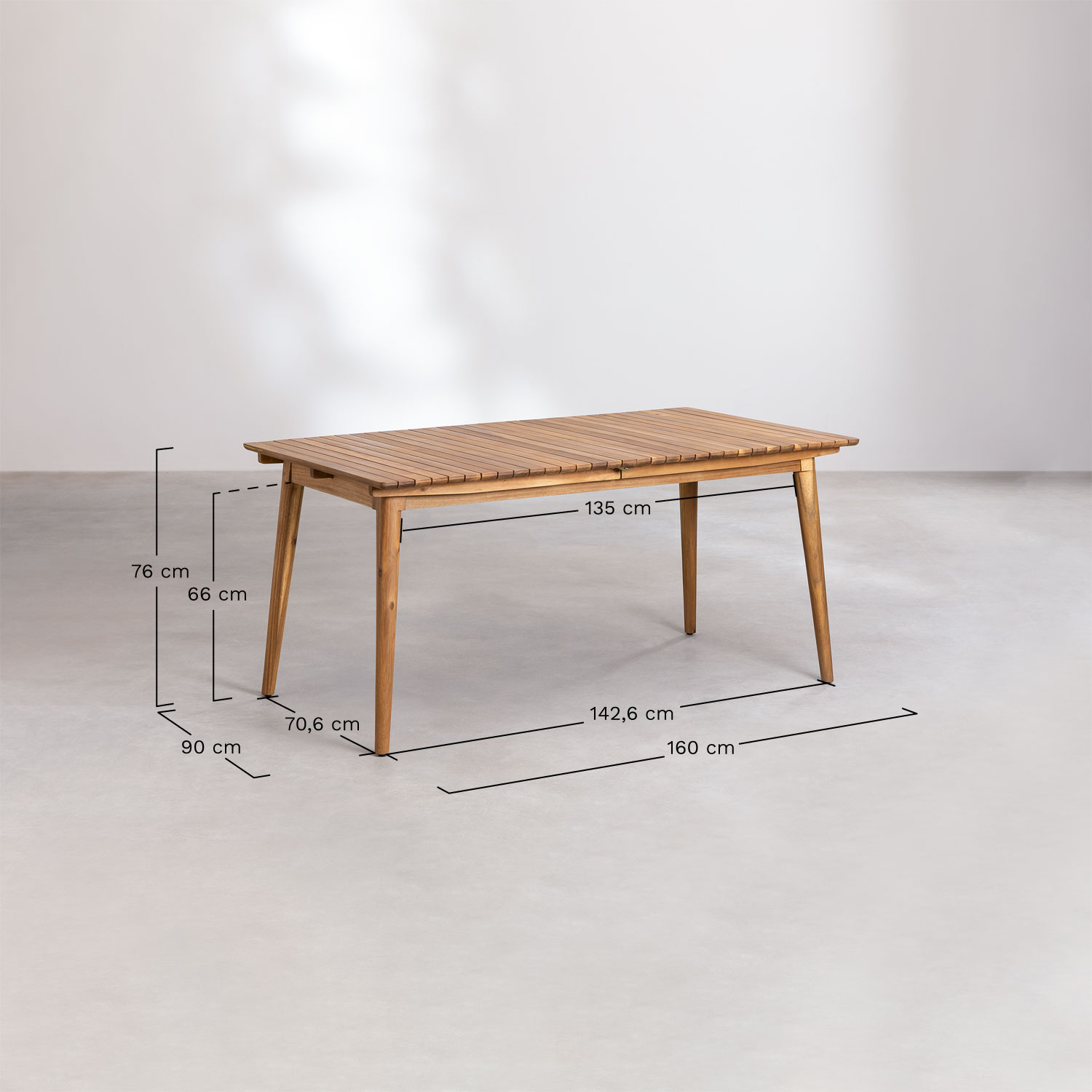 Conjunto de Mesa Retangular 160-210x90 cm extensível e 6 cadeiras de jantar com braços em madeira de acácia Tenay, Dimensões