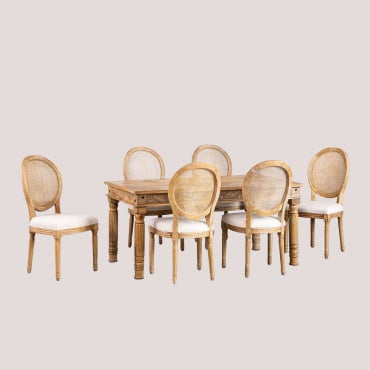 Conjunto De Mesa Retangular Em Madeira De Mango (160x90 Cm) Taraz E 6 Cadeiras De Jantar Em Tecido Sunna Madeira Natural - Sklum
