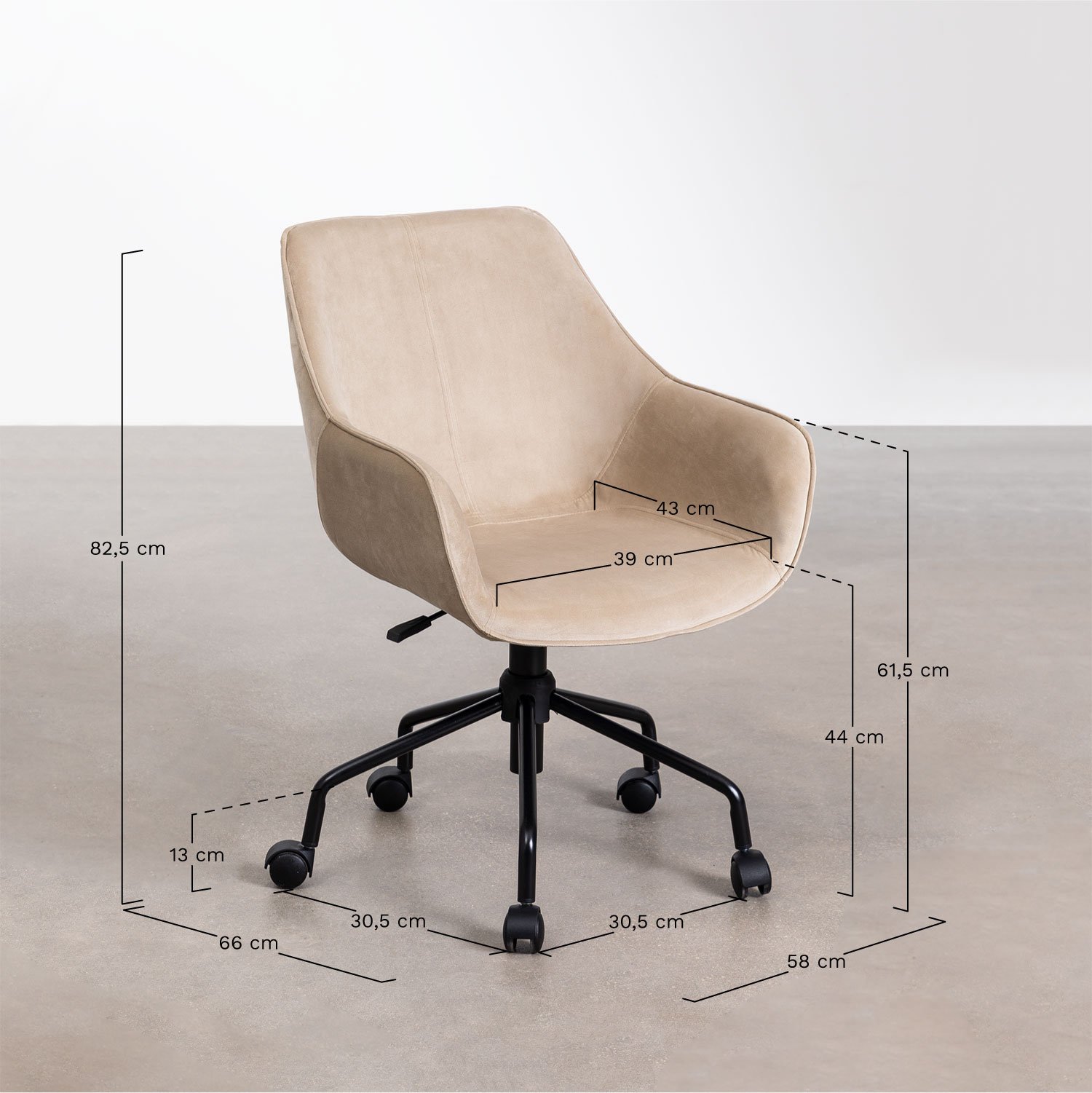 Cadeira de secretária em veludo Lucy, Dimensões
