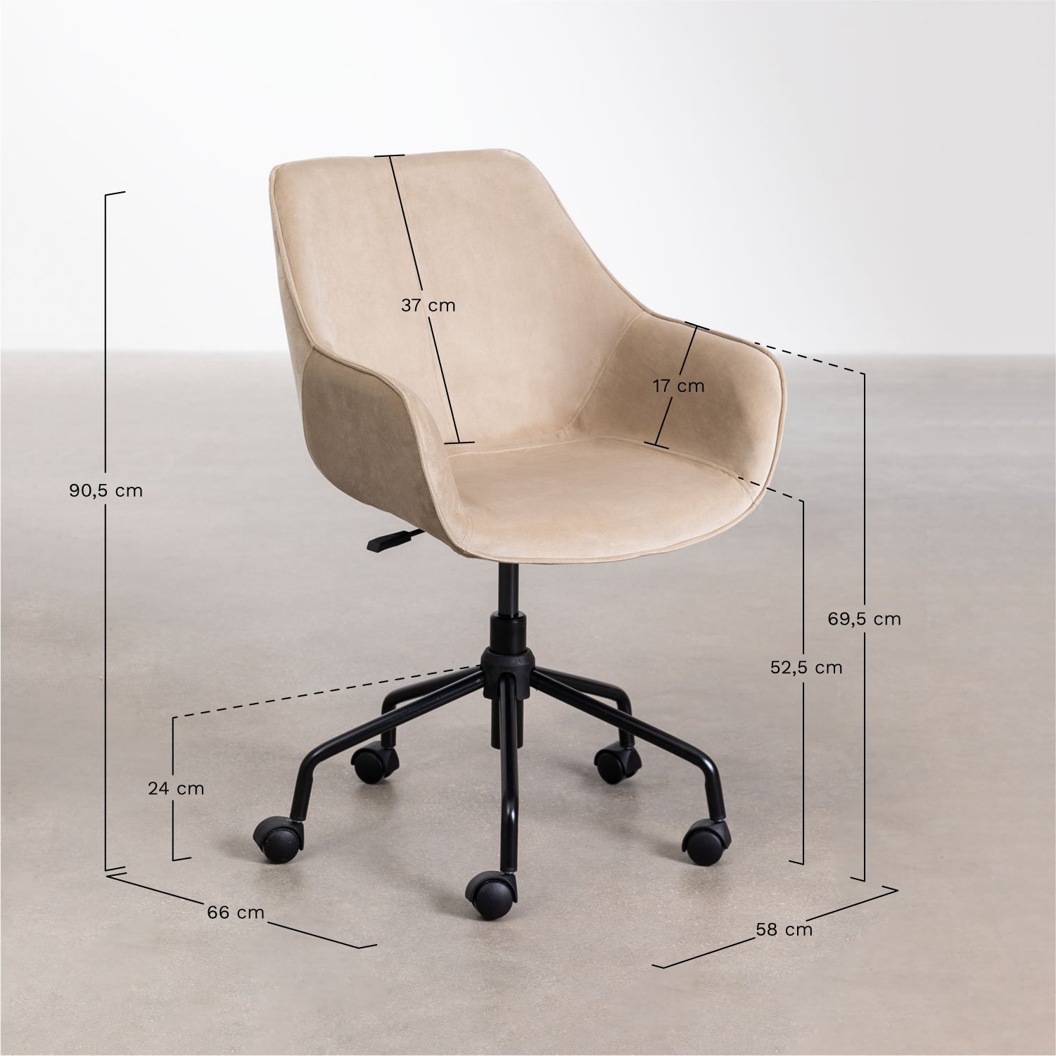 Cadeira de secretária em veludo Lucy, Dimensões