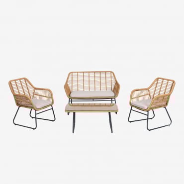 Conjunto De Jardim Com Sofá De 2 Lugares, 2 Poltronas E Mesa De Centro Em Aço E Rattan Sintético Visutt Cinza Grafito - Sklum