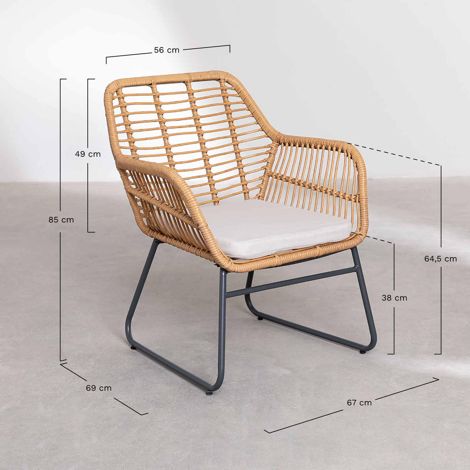 Conjunto de jardim com sofá de 2 lugares, 2 poltronas e mesa de centro em aço e rattan sintético Visutt, Dimensões