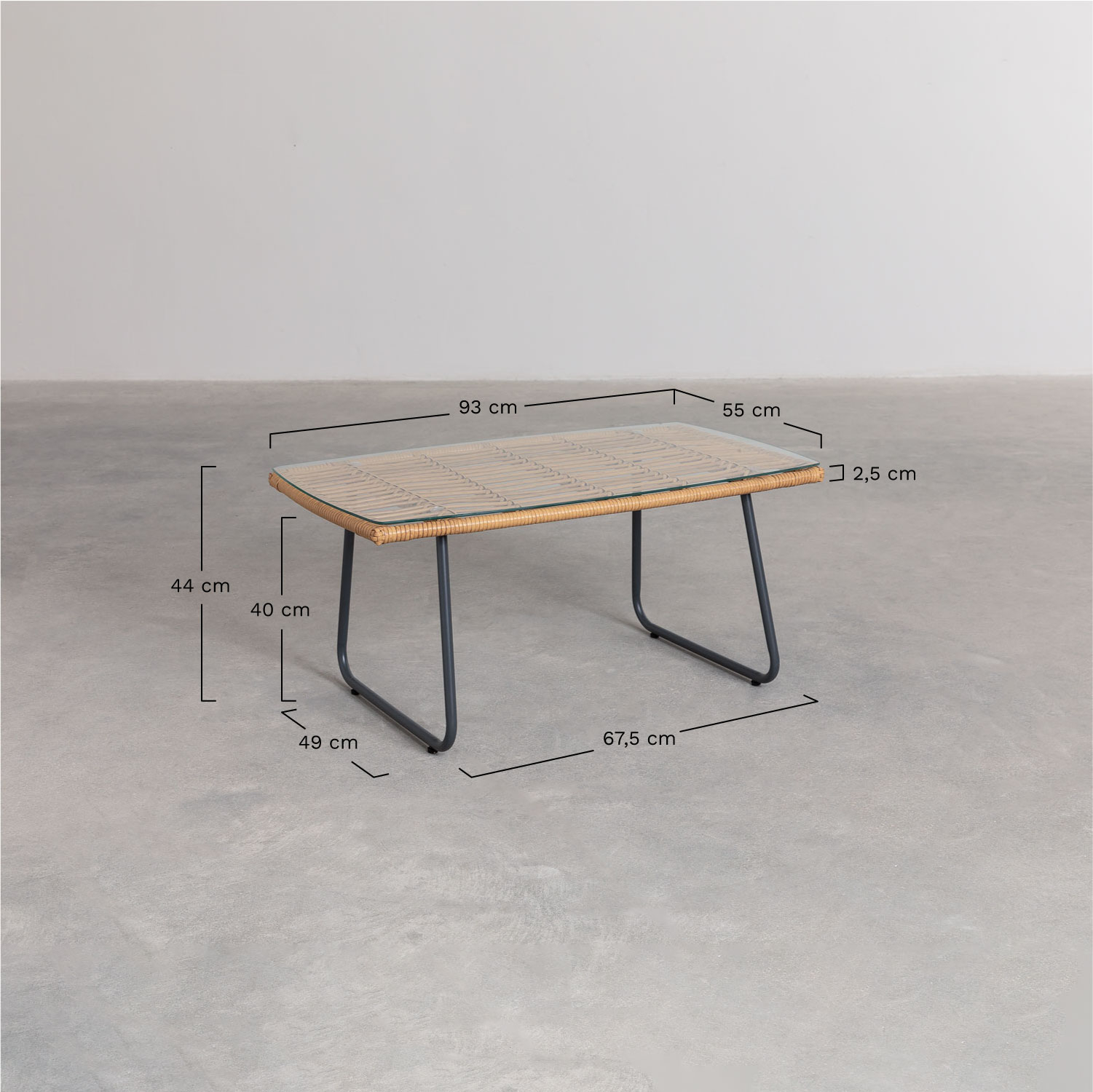 Conjunto de jardim com sofá de 2 lugares, 2 poltronas e mesa de centro em aço e rattan sintético Visutt, Dimensões