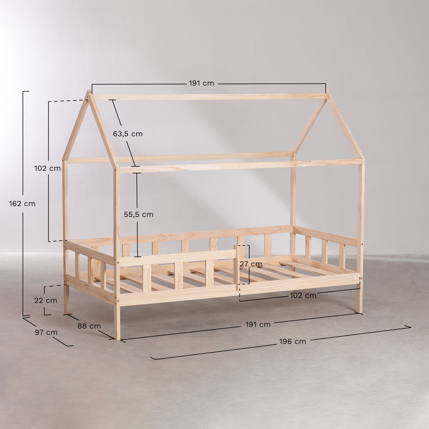 Cama de madeira para colchão Kelly Kids de 90 cm  , Dimensões