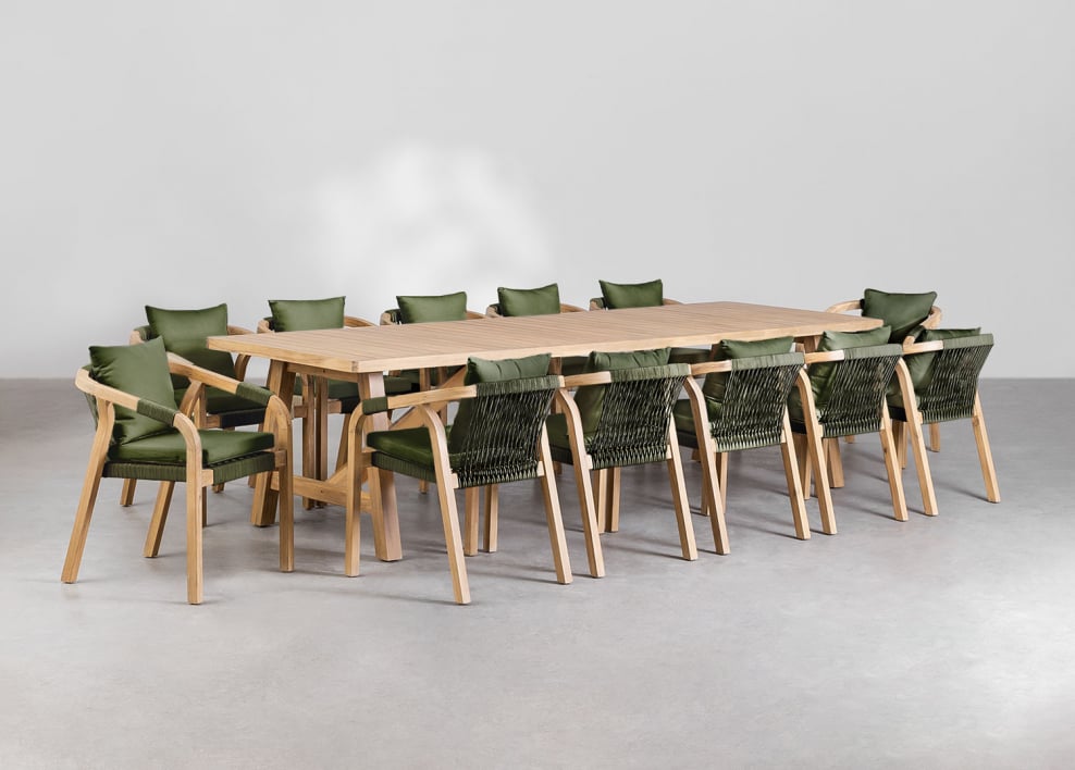 Conjunto de mesa retangular 300x100 cm e 12 cadeiras de jantar em madeira de acácia Dubai - Tecido verde Exército