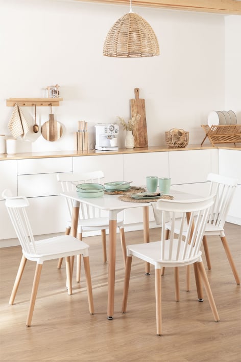 Conjunto de mesa quadrada 80x80 cm e 4 cadeiras em madeira de faia e polipropileno Royal