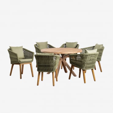 Conjunto De Mesa Redonda De Madeira (ø120 Cm) Naele E 6 Cadeiras De Jantar Barker Verde Bambu - Sklum