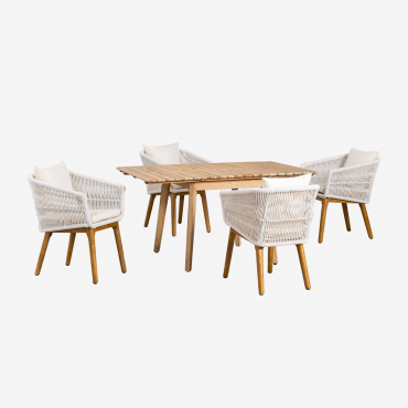 Conjunto De Mesa Extensível 90-150x90 Cm Em Madeira Naele E 4 Cadeiras De Jantar Em Madeira De Acácia Barker Gardénia Branco - Sklum