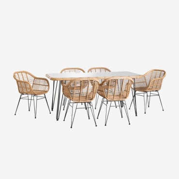 Conjunto De Mesa Retangular De Vime Sintético Leribert (180x90 Cm) E 6 Cadeiras De Jantar De Vime Sintético Zole Natural & Sem Almofada - Sklum