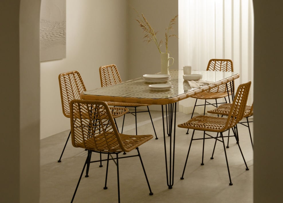 Conjunto de mesa retangular 180x90 cm em vime sintético Leribert e 6 cadeiras de jantar em rattan sintético Gouda Natural