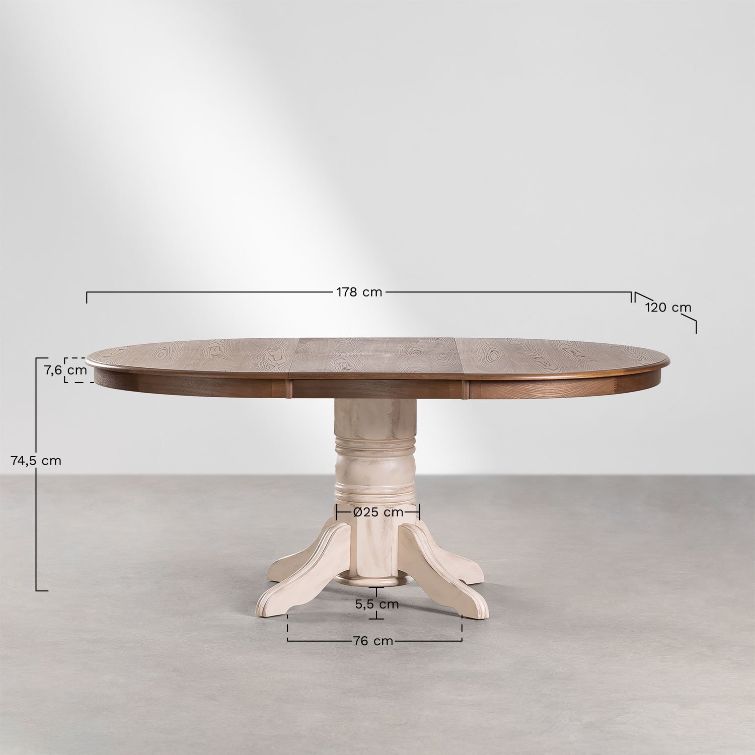 Mesa de Jantar Extensível Oval em Madeira (128-178x120 cm) Ektra, Dimensões