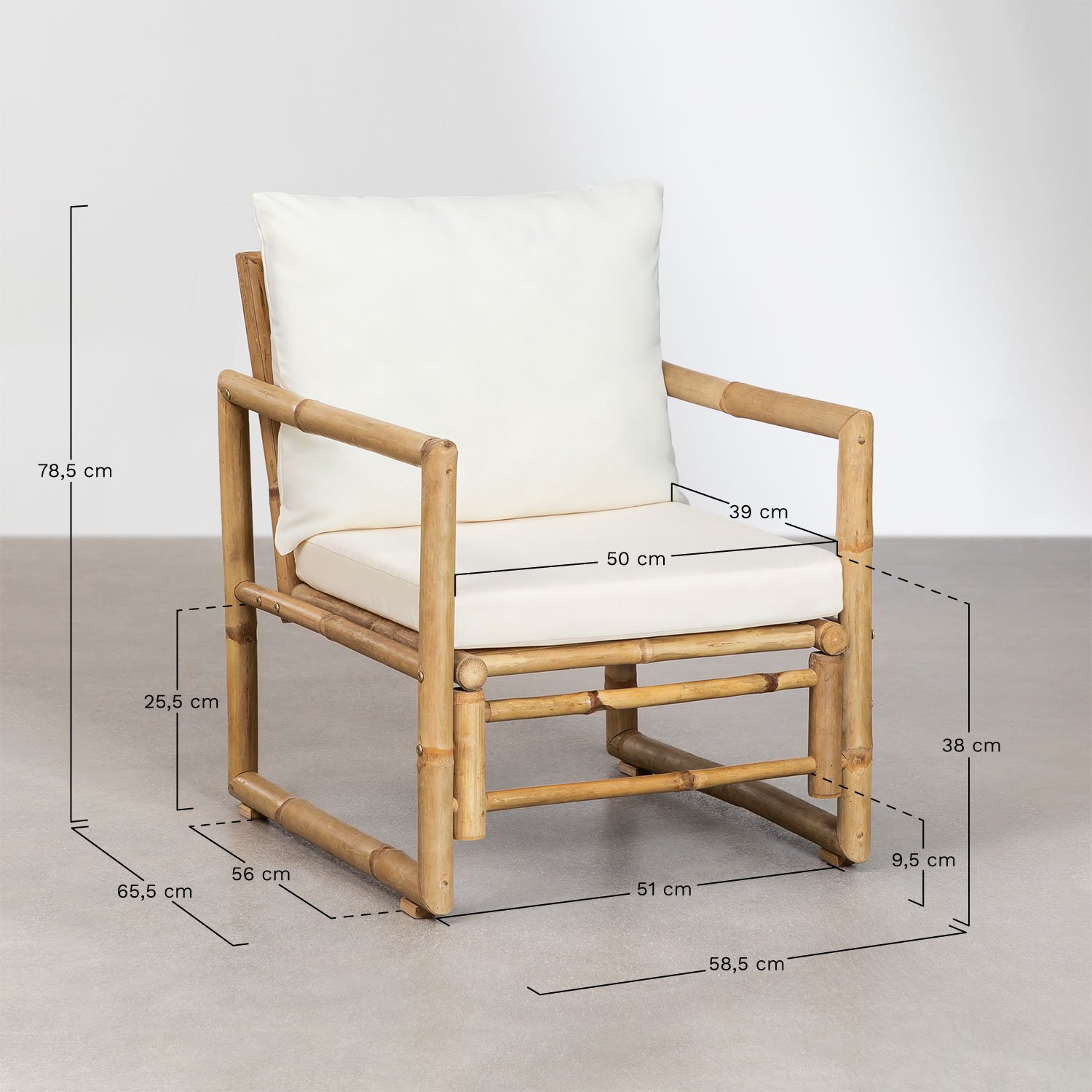 Conjunto de jardim com sofá de 2 lugares, 2 poltronas e mesa de centro em bambu Livayna , Dimensões