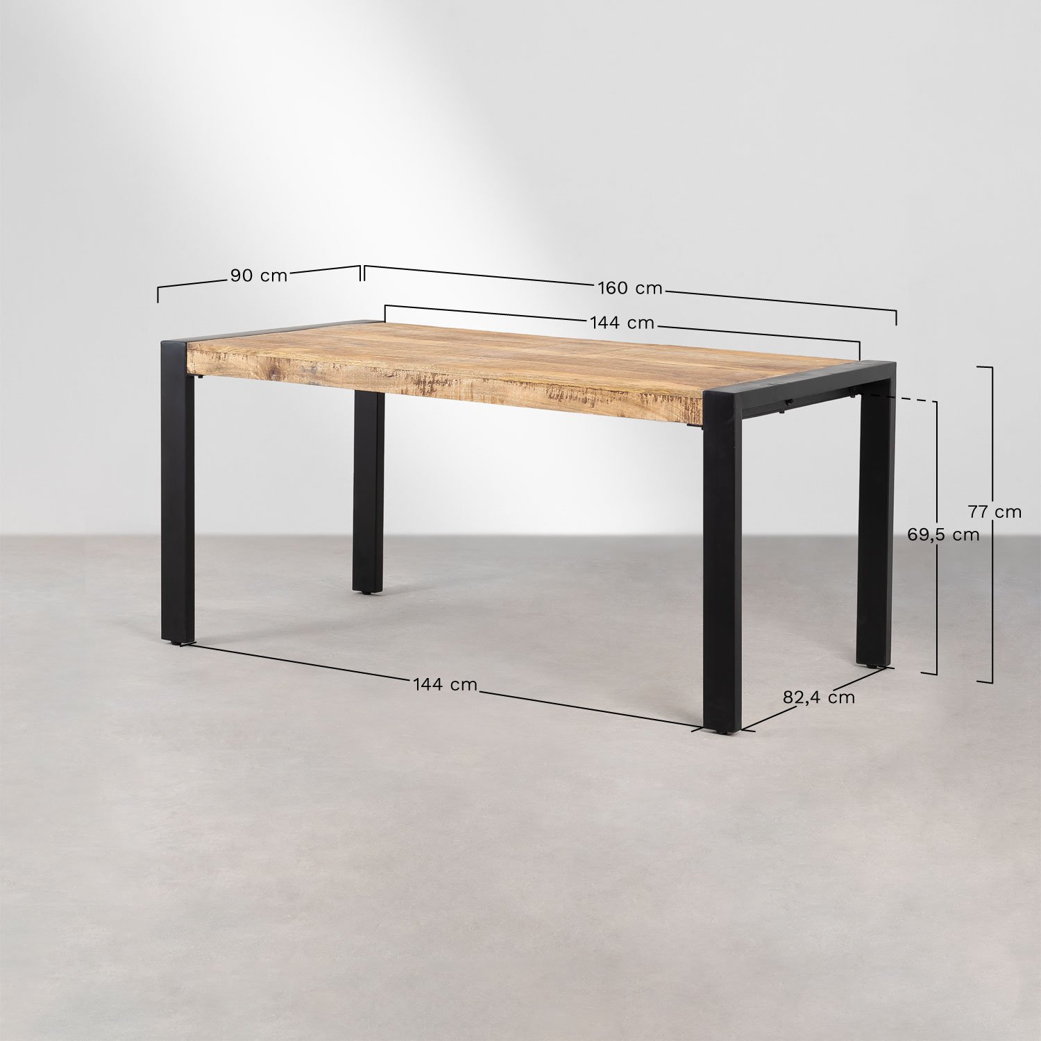 Mesa de jantar retangular em madeira de mangueira (160x90 cm) Acki, Dimens&otilde;es