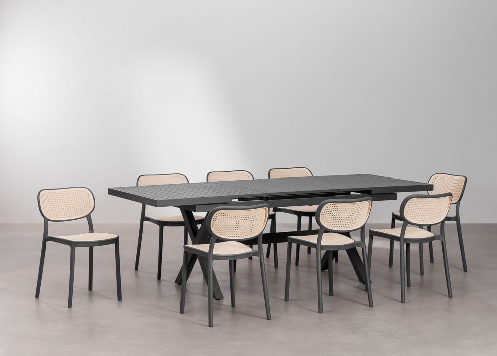 Conjunto de mesa retangular extensível 180-240x90 cm em alumínio Karena e 8 cadeiras de jardim em polipropileno Omara