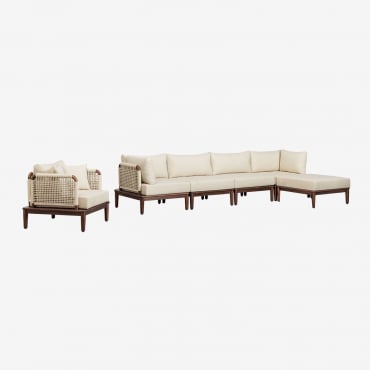 Conjunto De Jardim Com Sofá Modular De 4 Peças Com 2 Cadeirões De Canto, Puff E Cadeirão Em Acácia Giulia Crema - Sklum