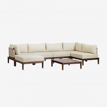 Conjunto De Jardim Com Sofá Modular De Canto De 5 Peças, Mesa De Centro E Puff Em Acácia Giulia Crema - Sklum