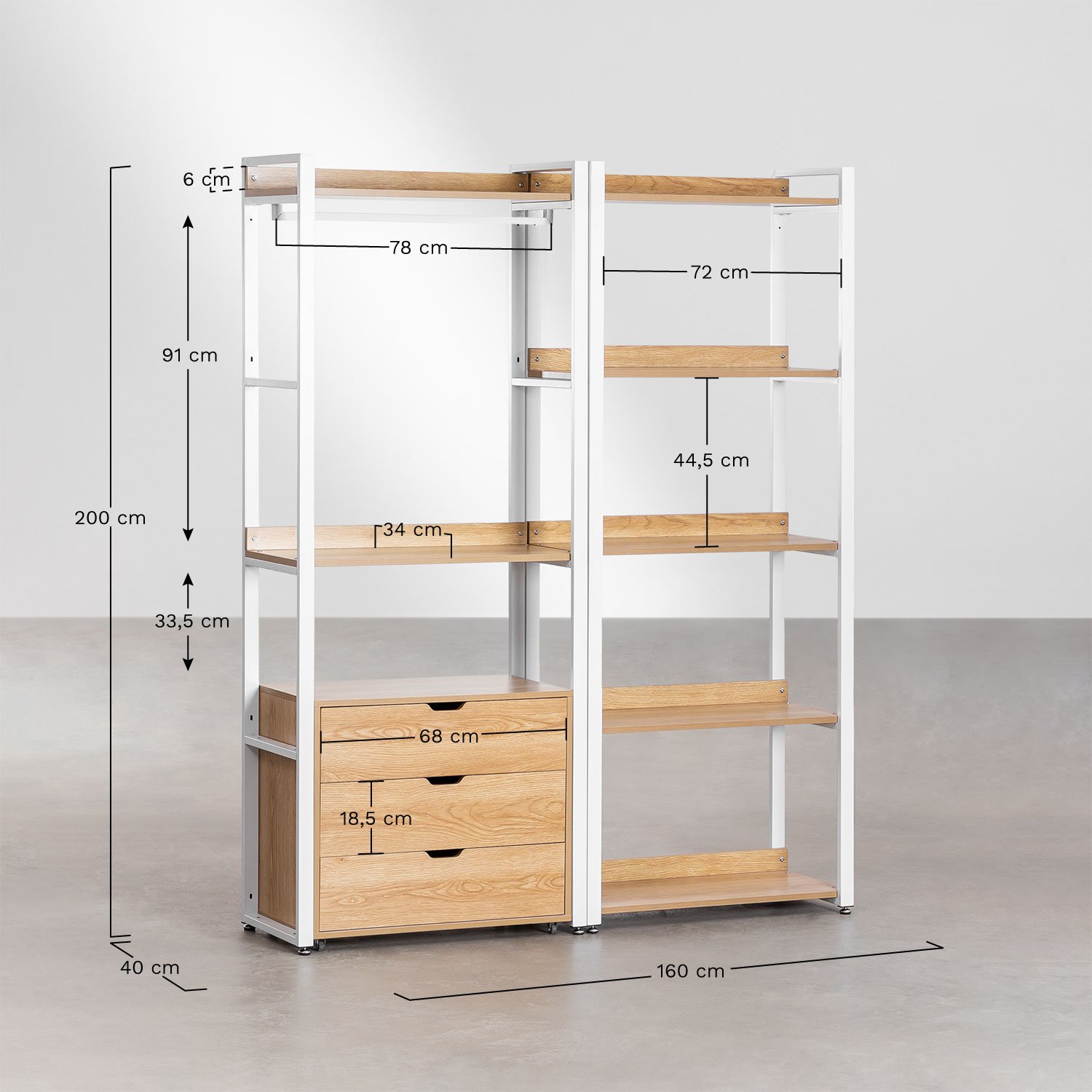 Armário modular aberto de 2 peças com gavetas, estante em aço e MDF Ariaster, Dimensões