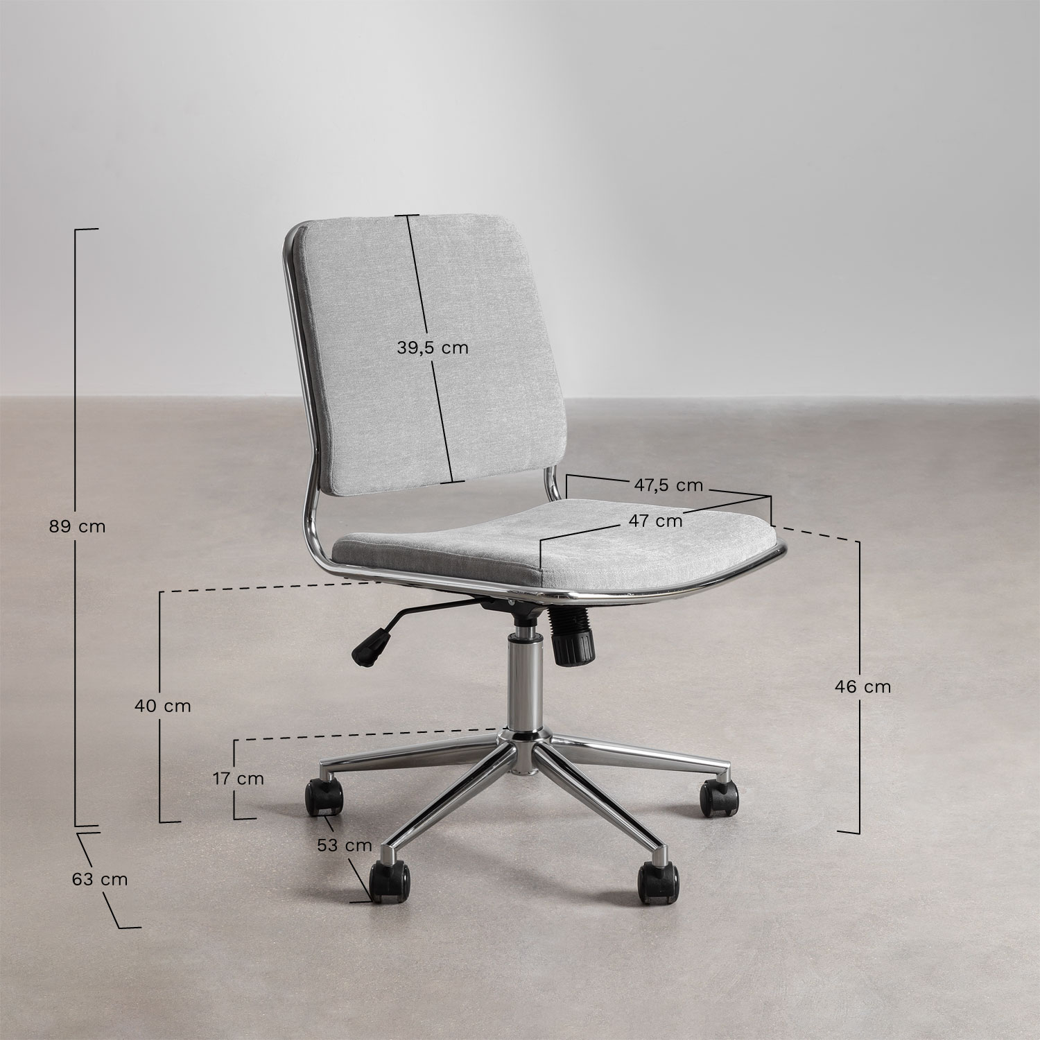 Cadeira de escritório com rodas Veiga, Dimensões