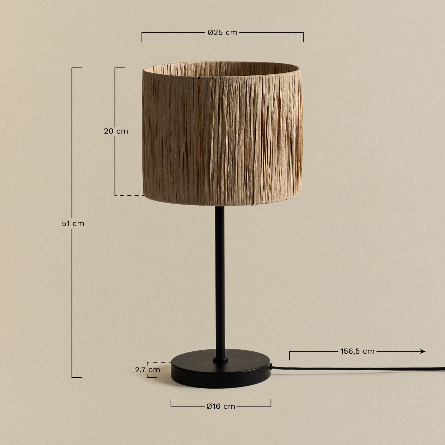 Candeeiro de Mesa Casandra em Ferro e Papel Trançado, Dimensões