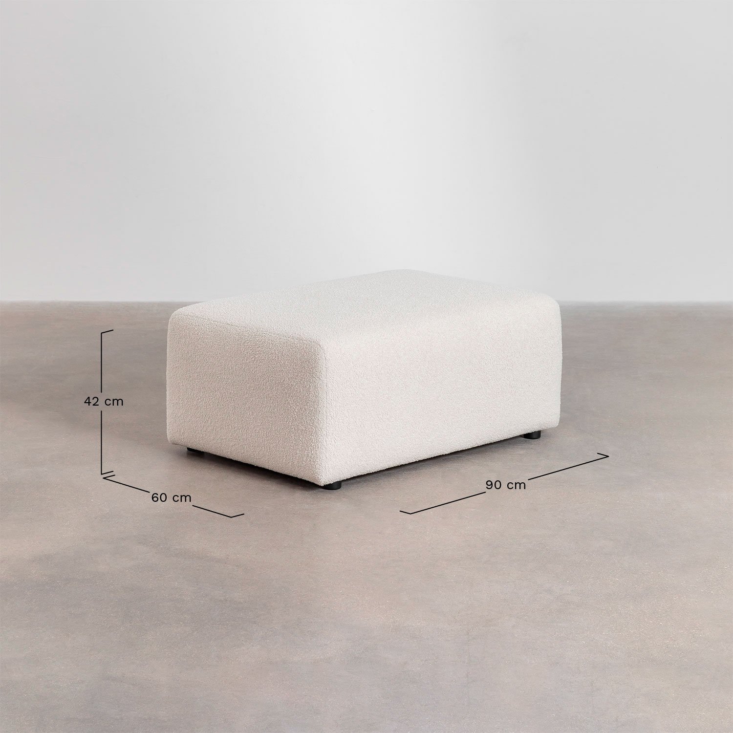 Sofá modular chaise longue esquerdo de 4 peças com 2 puffs em borreguito Borjan, Dimensões