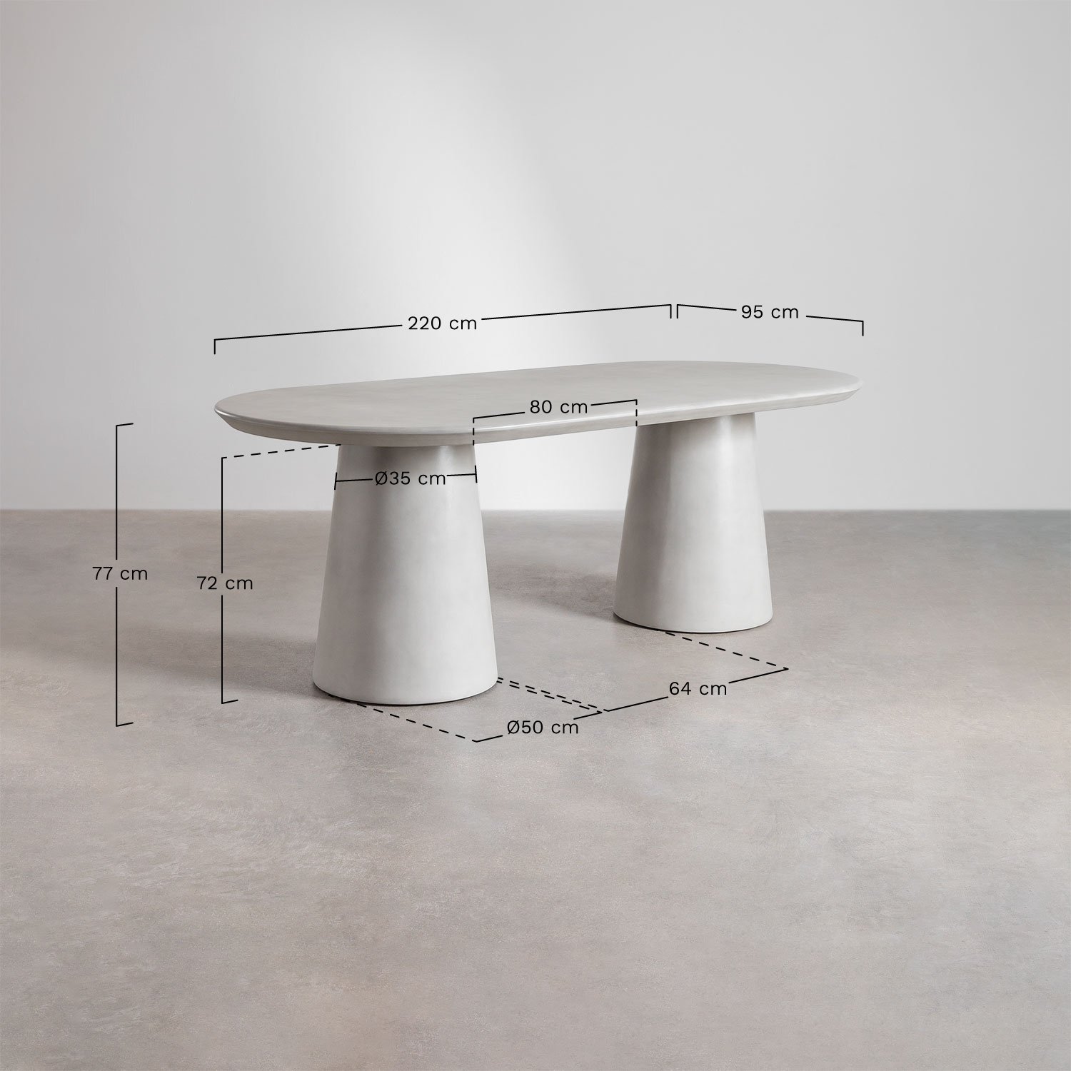 Mesa de comedor ovalada 220x95 cm en cemento Noemi, Dimensões