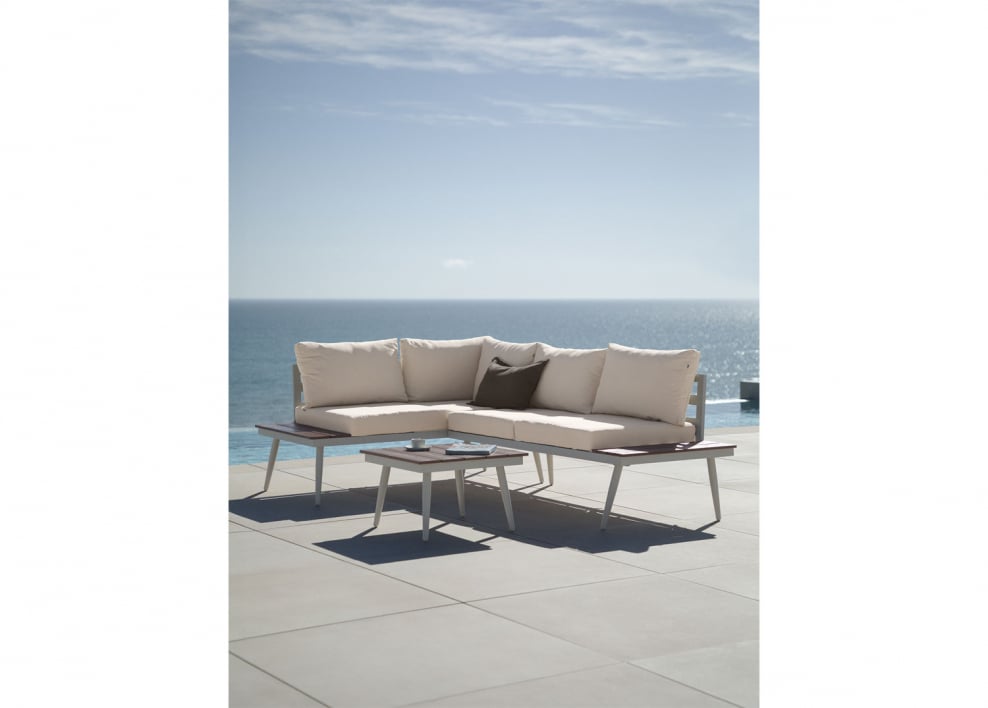 Conjunto de jardim com sofá de canto para 4 pessoas e mesa de centro em alumínio e madeira Nadi - Beige Creme - Beige Tapioca